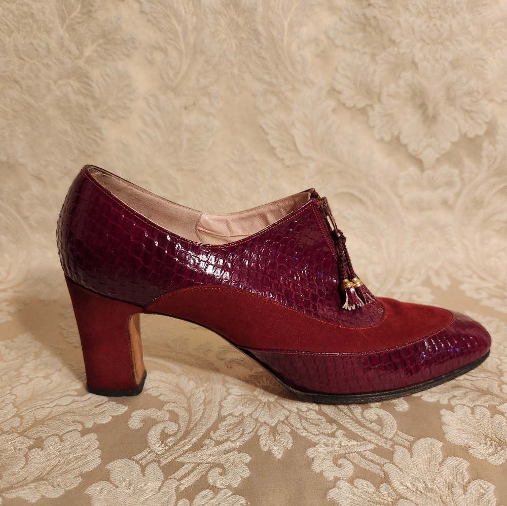 Vintage Norman Kaplan Burgundy Suede & Eel Skin Shoes